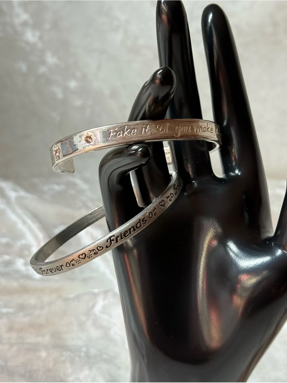 Silver Tone Inspirational 2 Bangle Bracelet Set Fake It Til You Make It &Friends